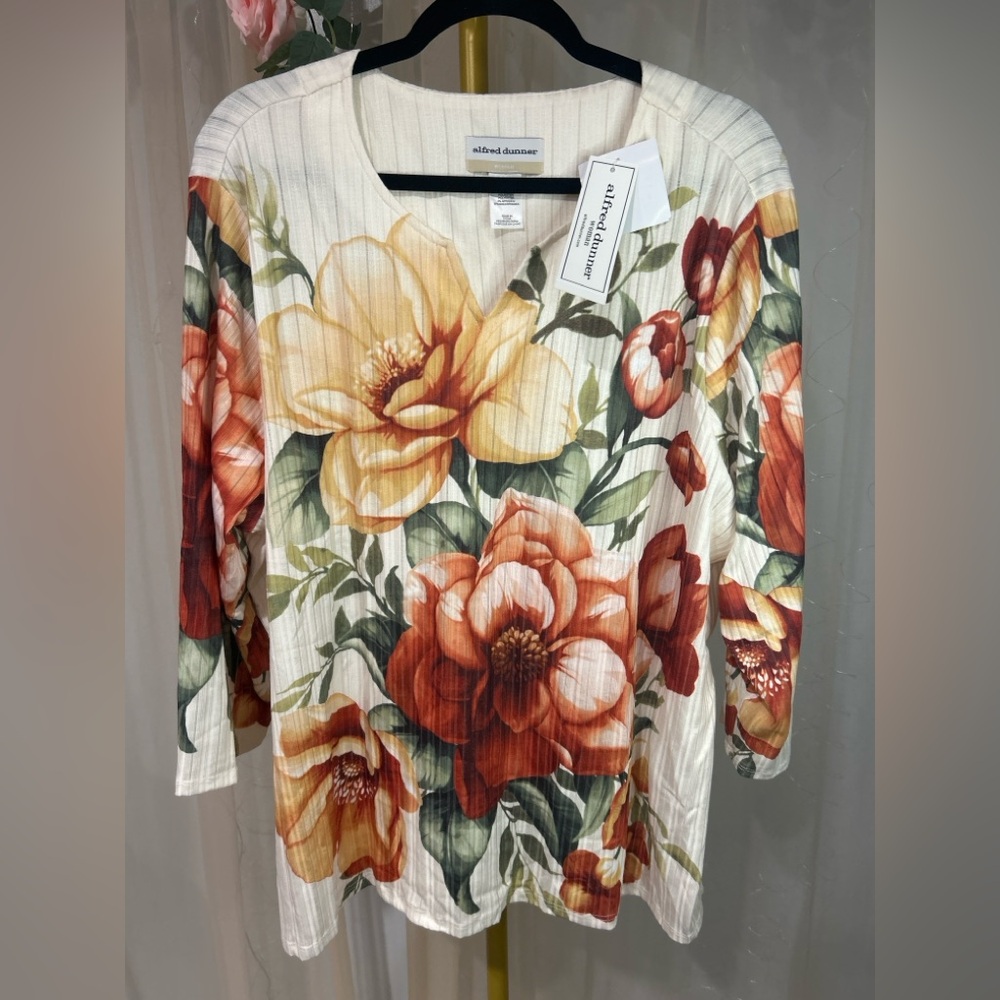 Alfred Dunner Floral Top 2X Ribbed Stretch Blouse 3/4 Sleeve NWT